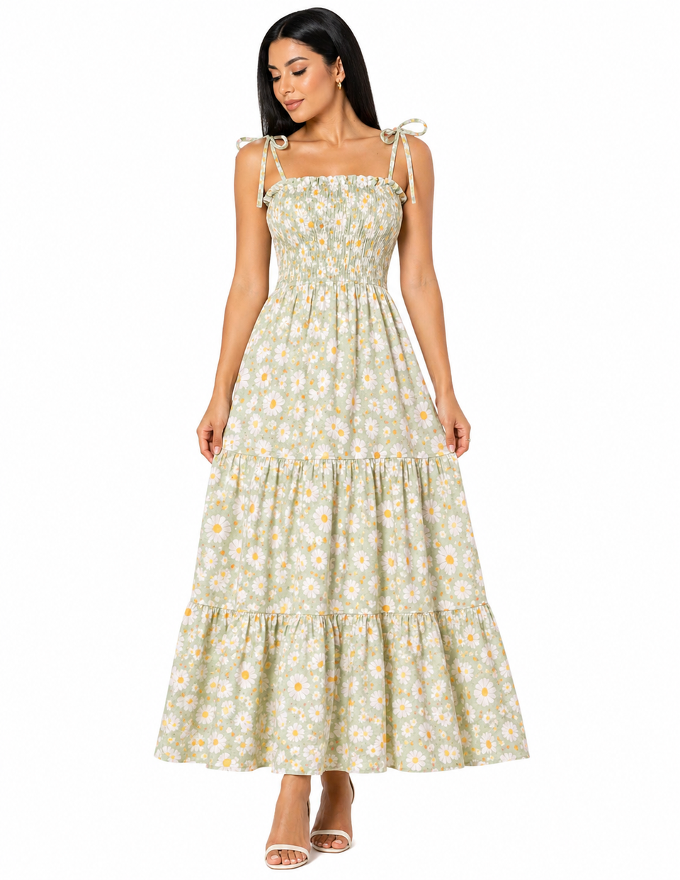 Vestido Longo Delicadeza Floral Aurora com Toque Romântico Verde