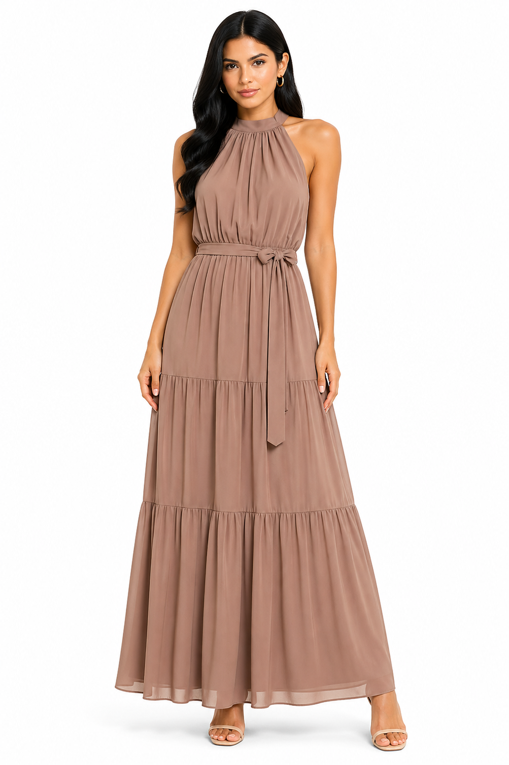 Vestido Longo Feminino Doce Elegância Marrom Claro
