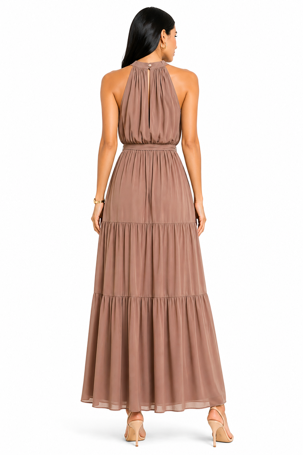 Vestido Longo Feminino Doce Elegância Marrom Claro