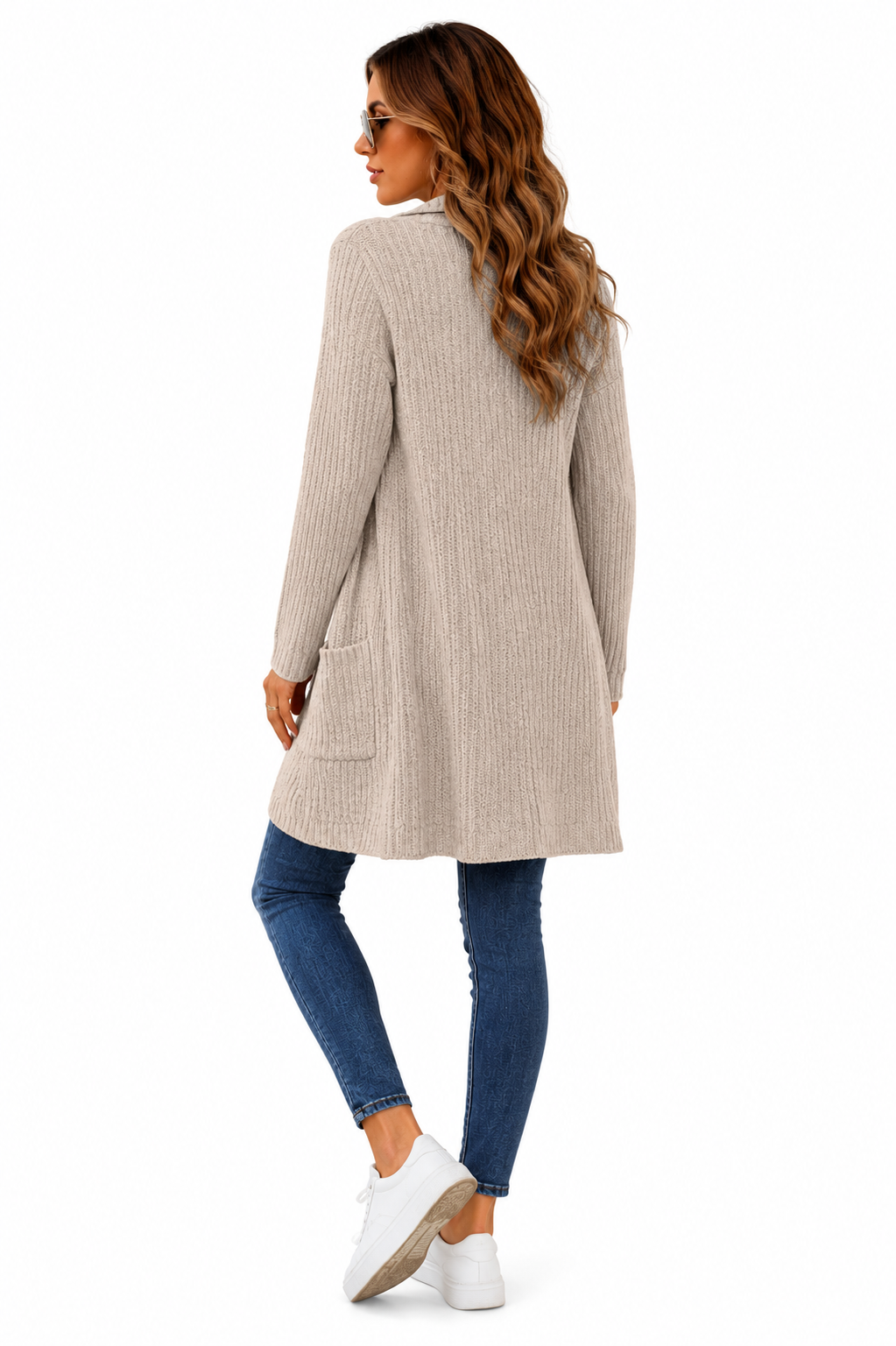 Casaco Cardigan Feminino Alongado Tricot Bege