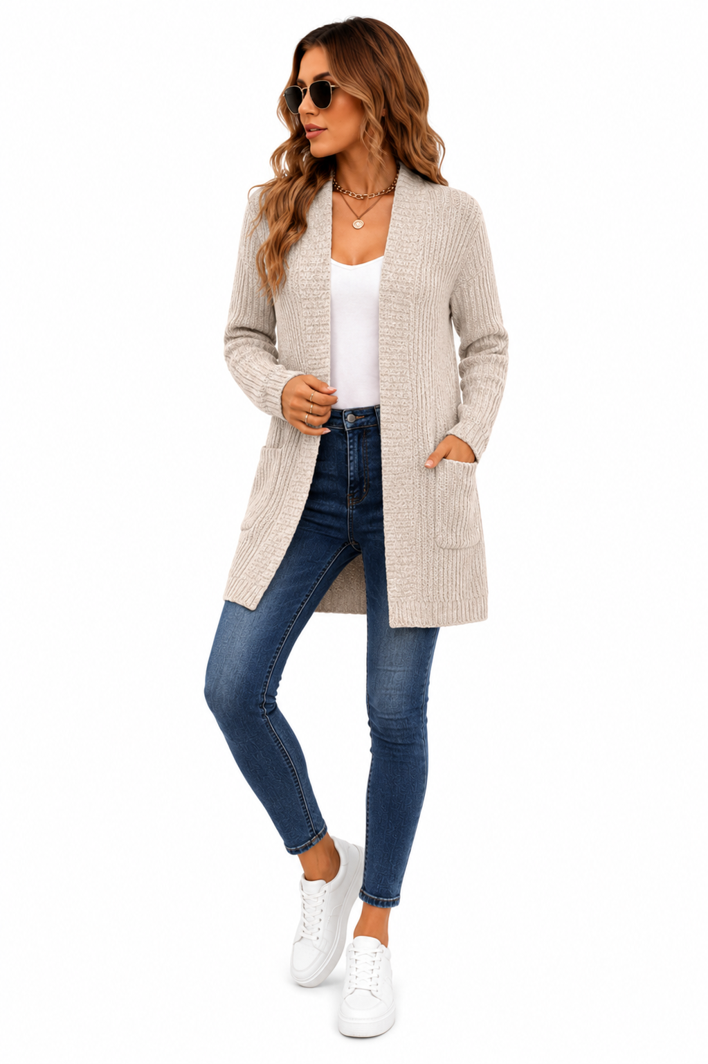 Casaco Cardigan Feminino Alongado Tricot Bege