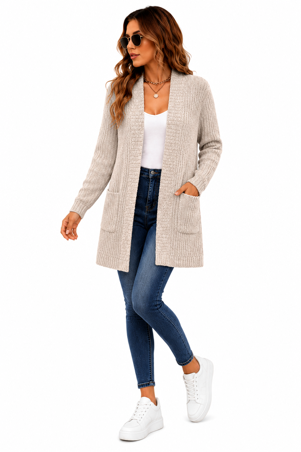 Casaco Cardigan Feminino Alongado Tricot Bege