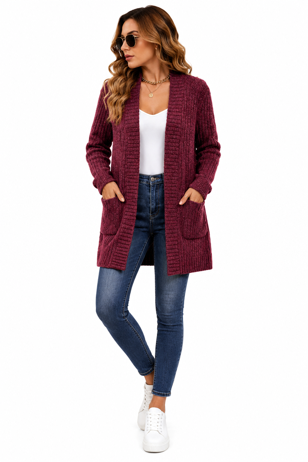 Casaco Cardigan Feminino Alongado em Tricot Marsala