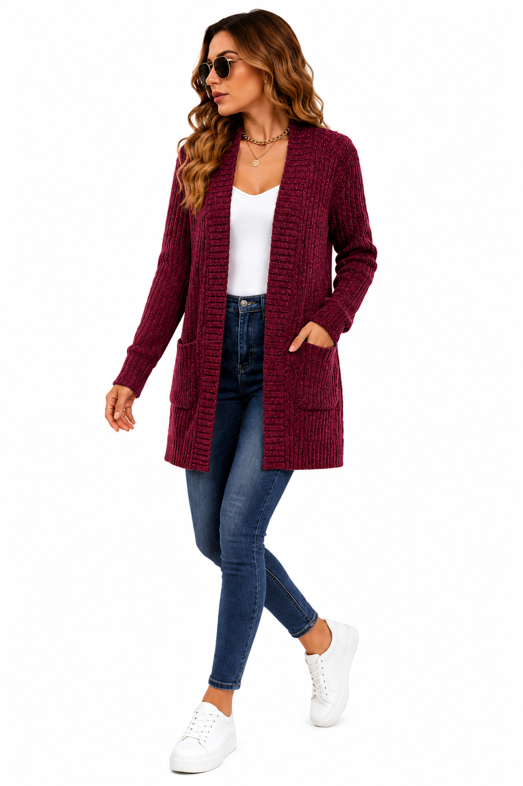 Casaco Cardigan Feminino Alongado em Tricot Marsala