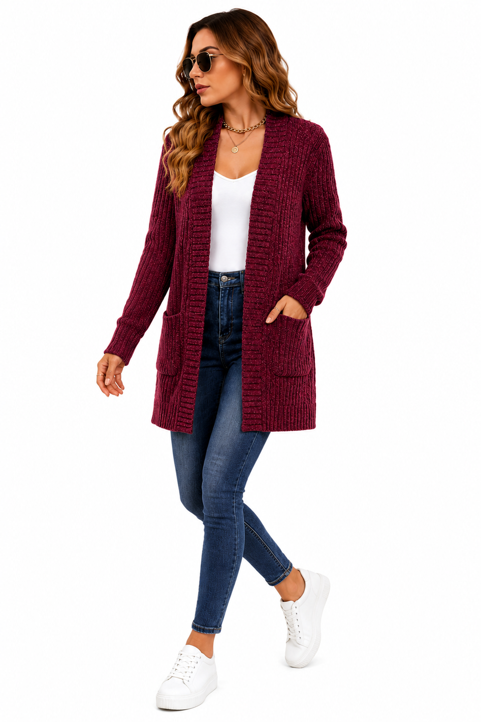 Casaco Cardigan Feminino Alongado em Tricot Marsala