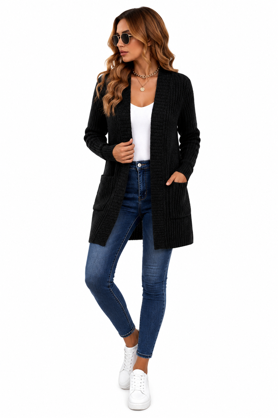Casaco Cardigan Feminino Alongado em Tricot Preto