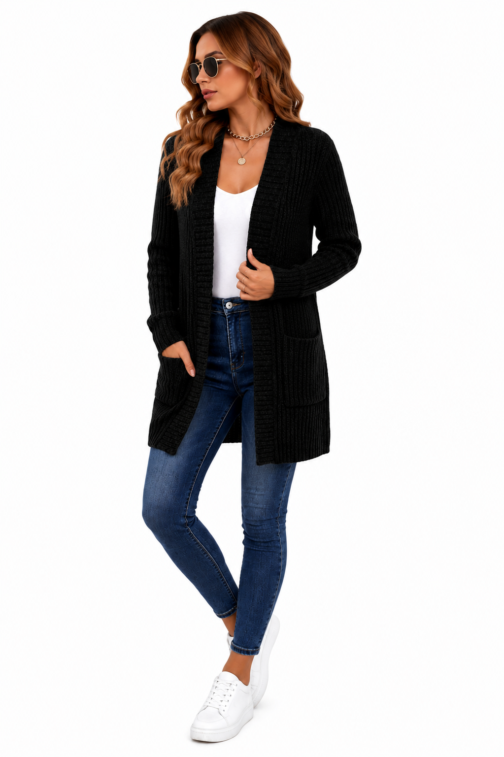 Casaco Cardigan Feminino Alongado em Tricot Preto