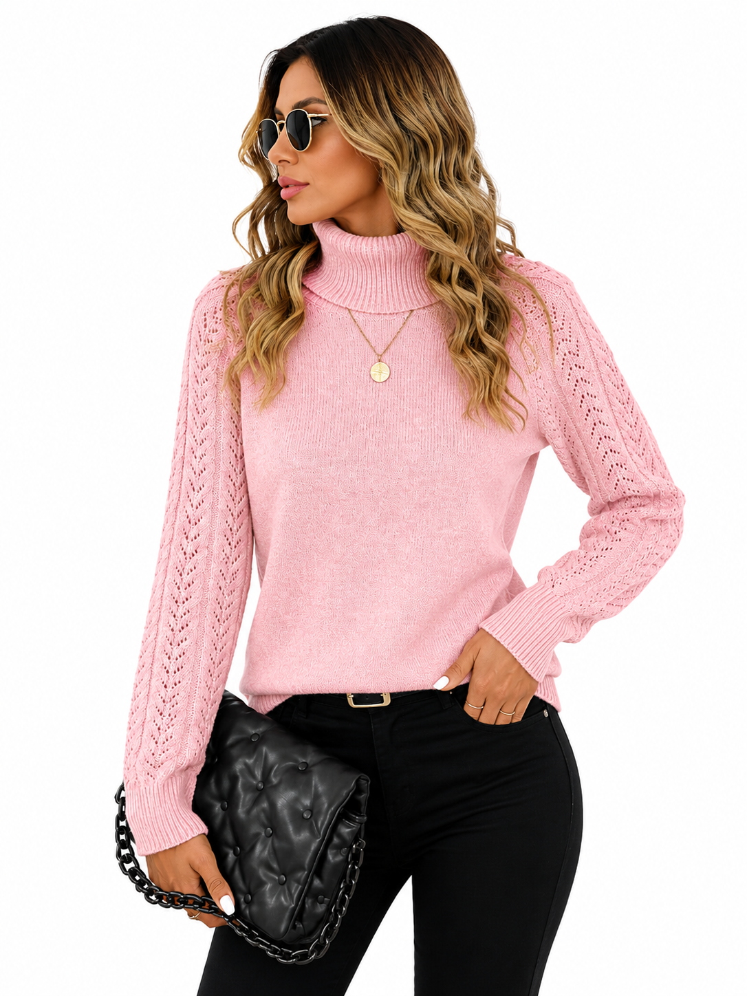 Blusa Tricot Gola Alta Rosa Feminina