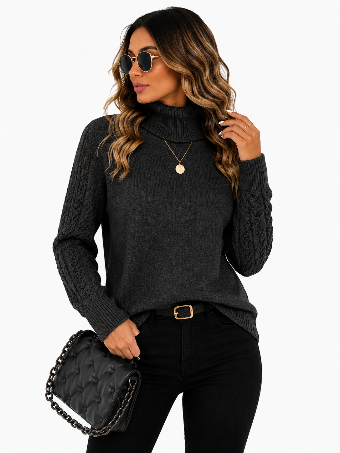 Blusa Tricot Gola Alta Preta Feminina