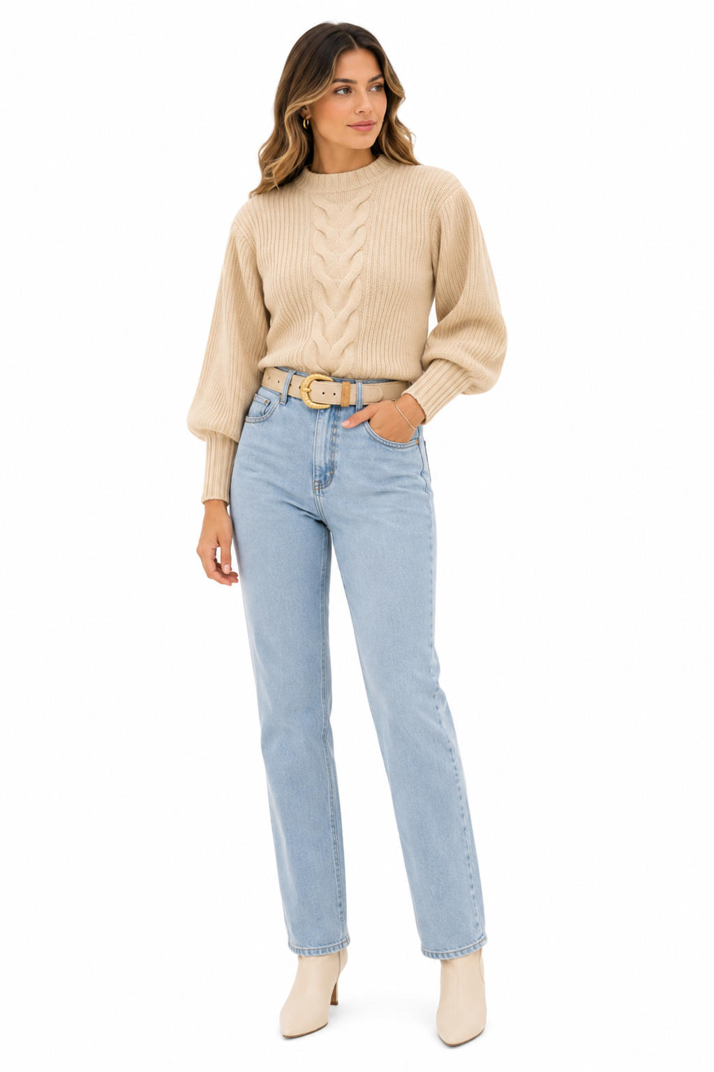 Blusa Tricot Feminina Bege Manga Bufante