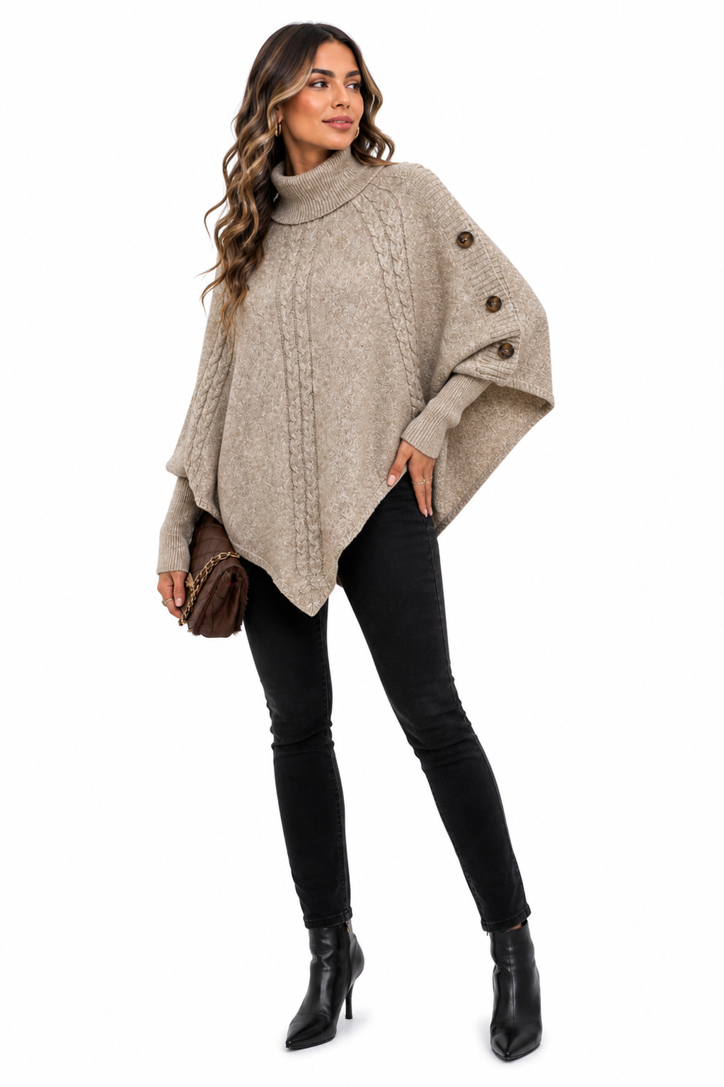 Casaco Tricot Gola Alta Bege Feminino