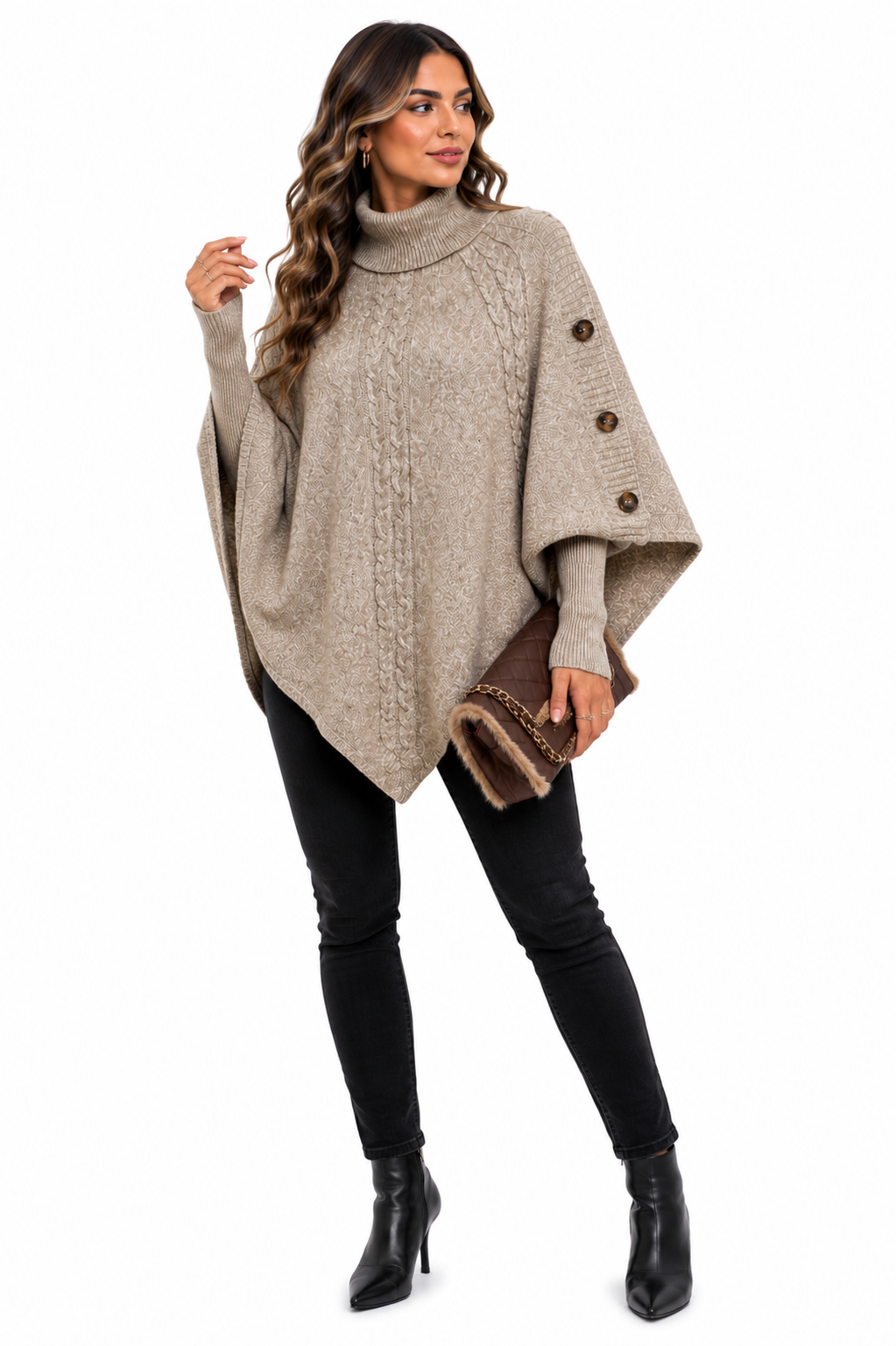 Casaco Tricot Gola Alta Bege Feminino