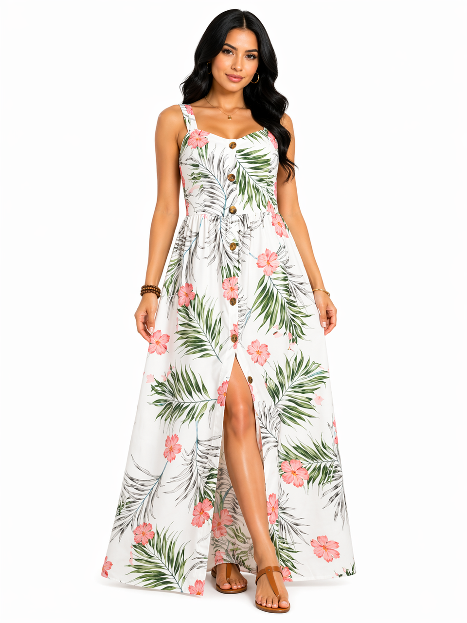 Vestido Longo com Estampa Tropical