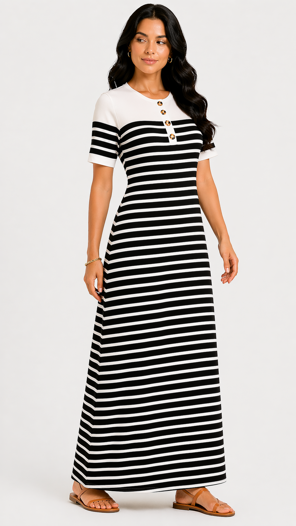 Vestido Longo Listrado com Botões Preto