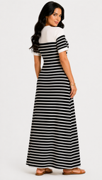 Vestido Longo Listrado com Botões Preto