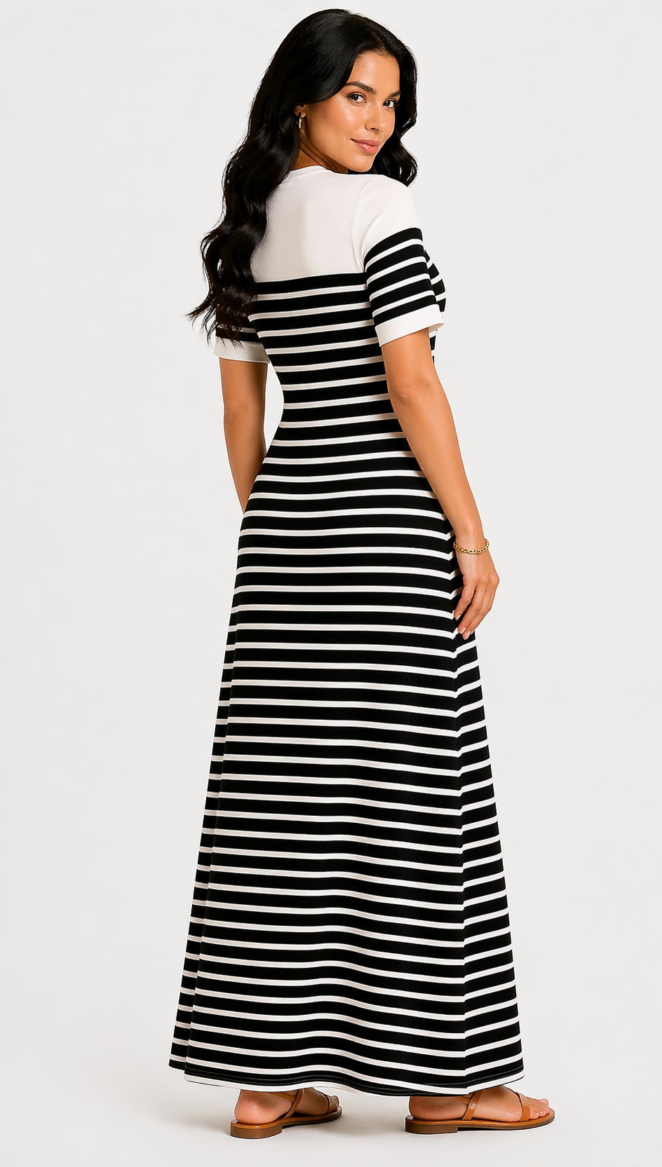 Vestido Longo Listrado com Botões Preto