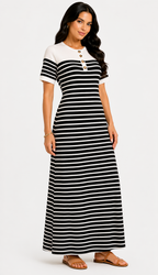 Vestido Longo Listrado com Botões Preto