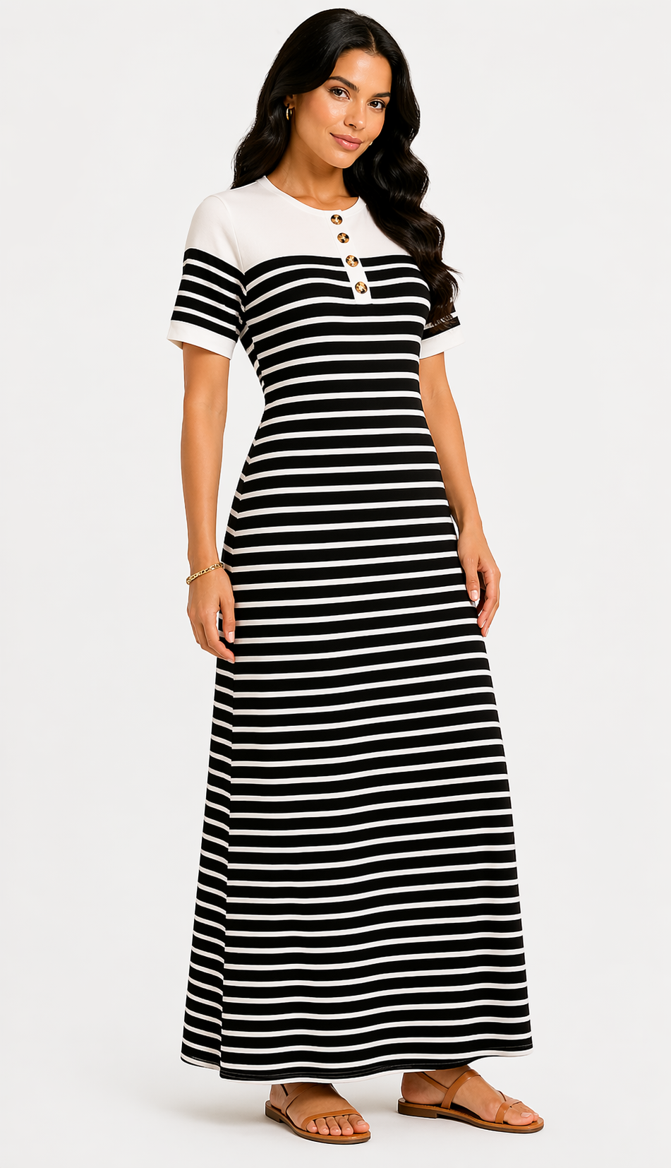 Vestido Longo Listrado com Botões Preto