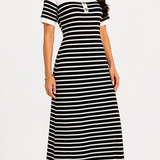 Vestido Longo Listrado com Botões Preto