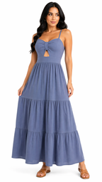 Vestido com Amarração Frontal e Alças Finas Mia Azul