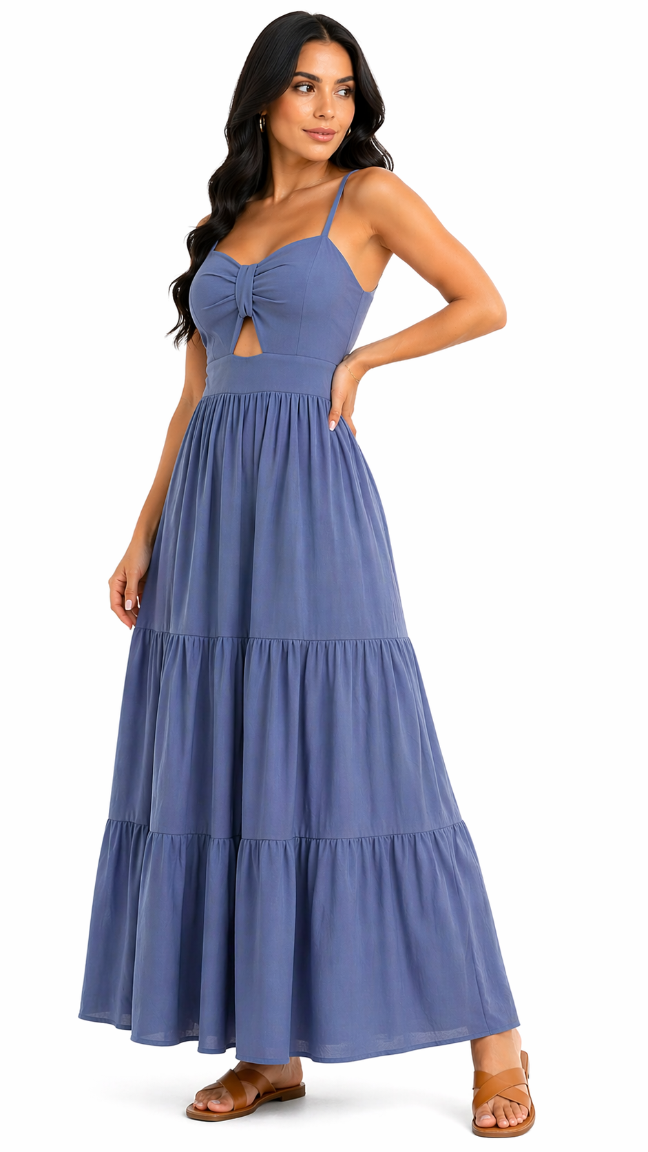 Vestido com Amarração Frontal e Alças Finas Mia Azul