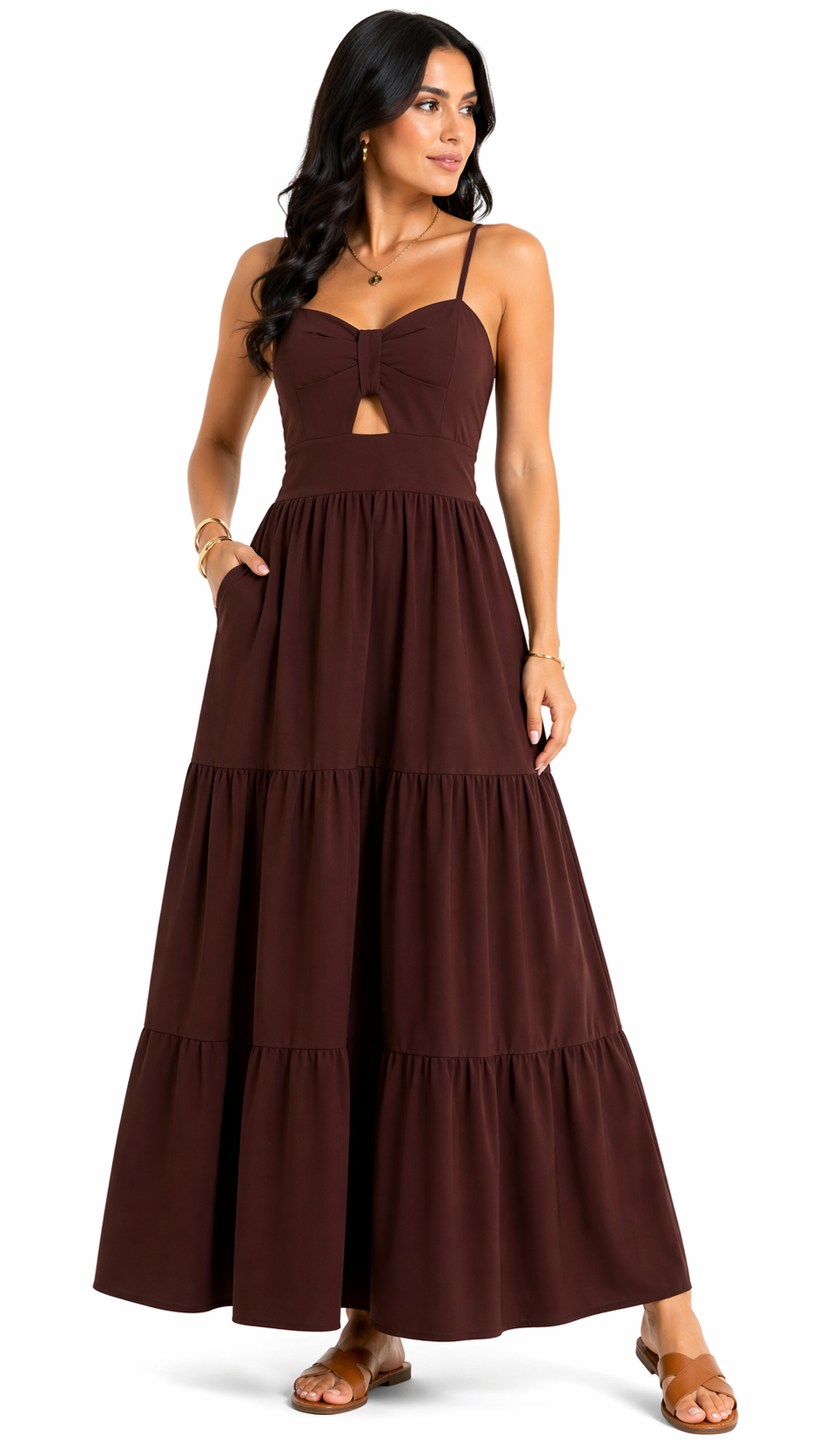 Vestido com Amarração Frontal e Alças Finas Mia Marrom
