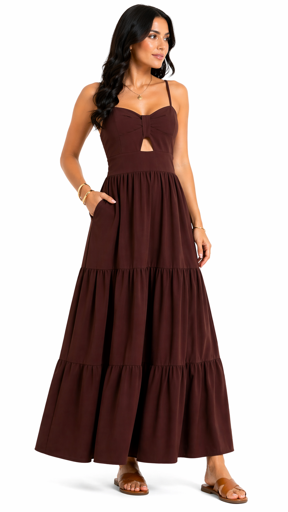 Vestido com Amarração Frontal e Alças Finas Mia Marrom