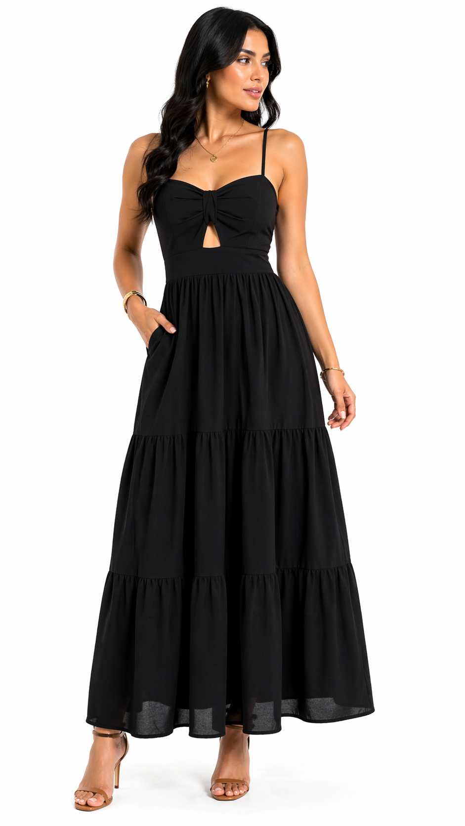 Vestido com Amarração Frontal e Alças Finas Mia Preto