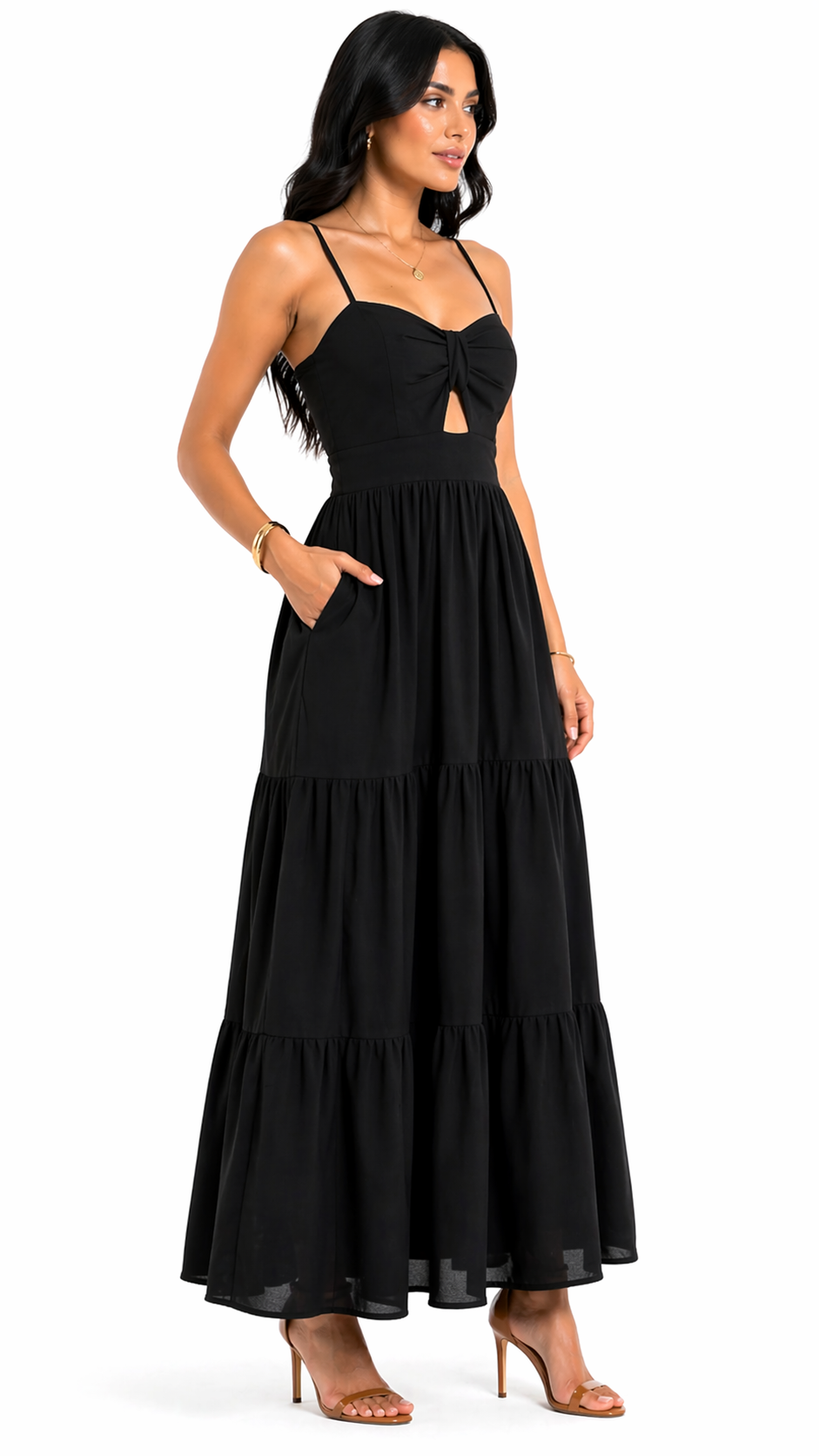 Vestido com Amarração Frontal e Alças Finas Mia Preto