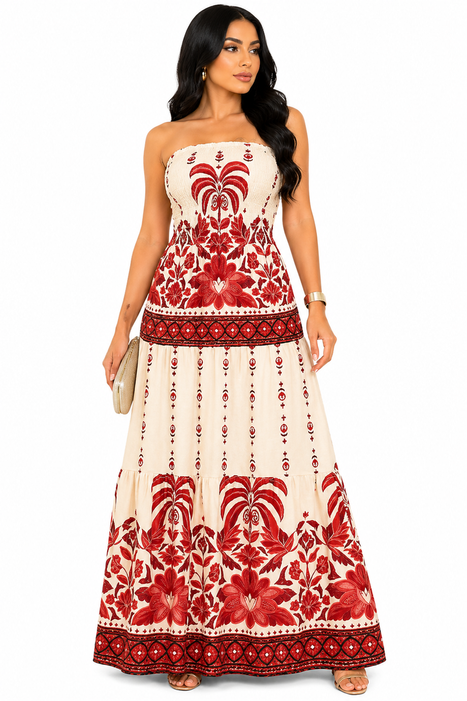 Vestido Longo Tomara que Caia Mykaelle Vermelho e Branco