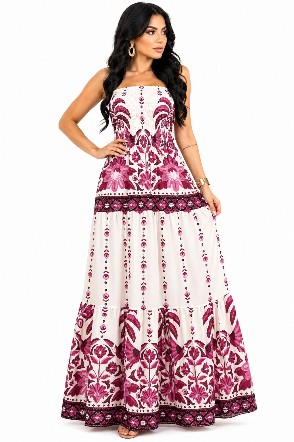Vestido Longo Tomara que Caia Mykaelle Rosa e Branco