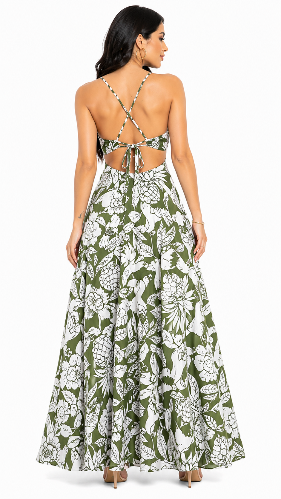 Vestido Longo Estampado Tropical com Recorte Nathy Verde
