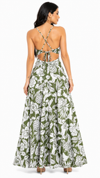 Vestido Longo Estampado Tropical com Recorte Nathy Verde