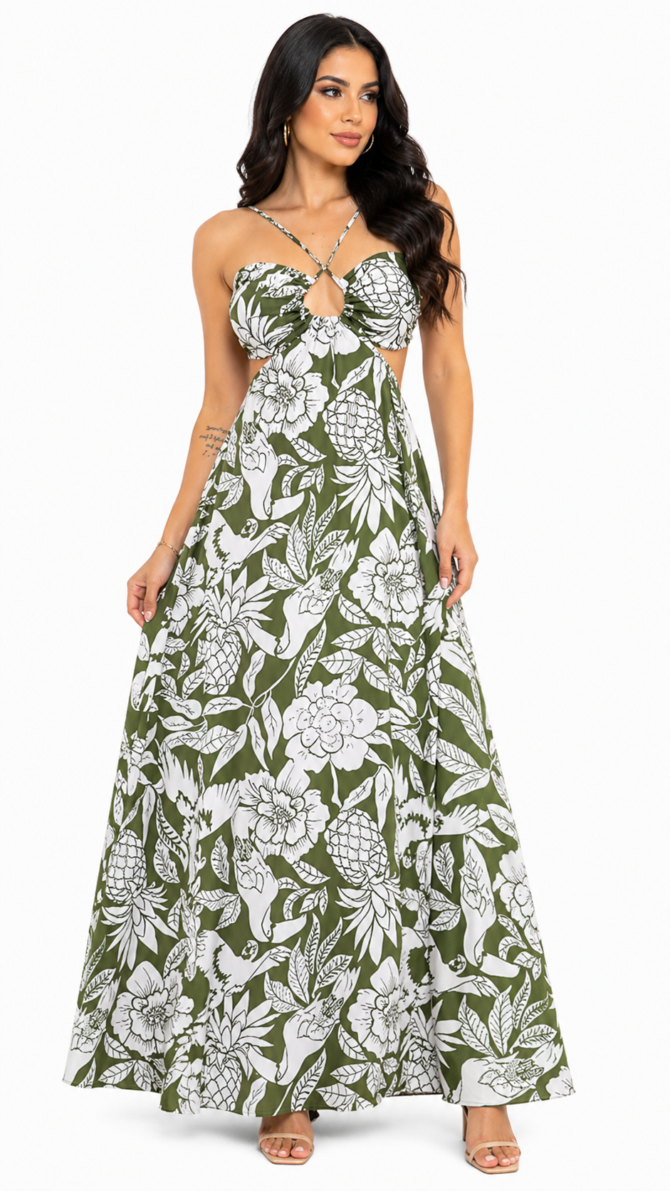Vestido Longo Estampado Tropical com Recorte Nathy Verde