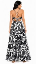 Vestido Longo Estampado Tropical com Recorte Nathy Preto
