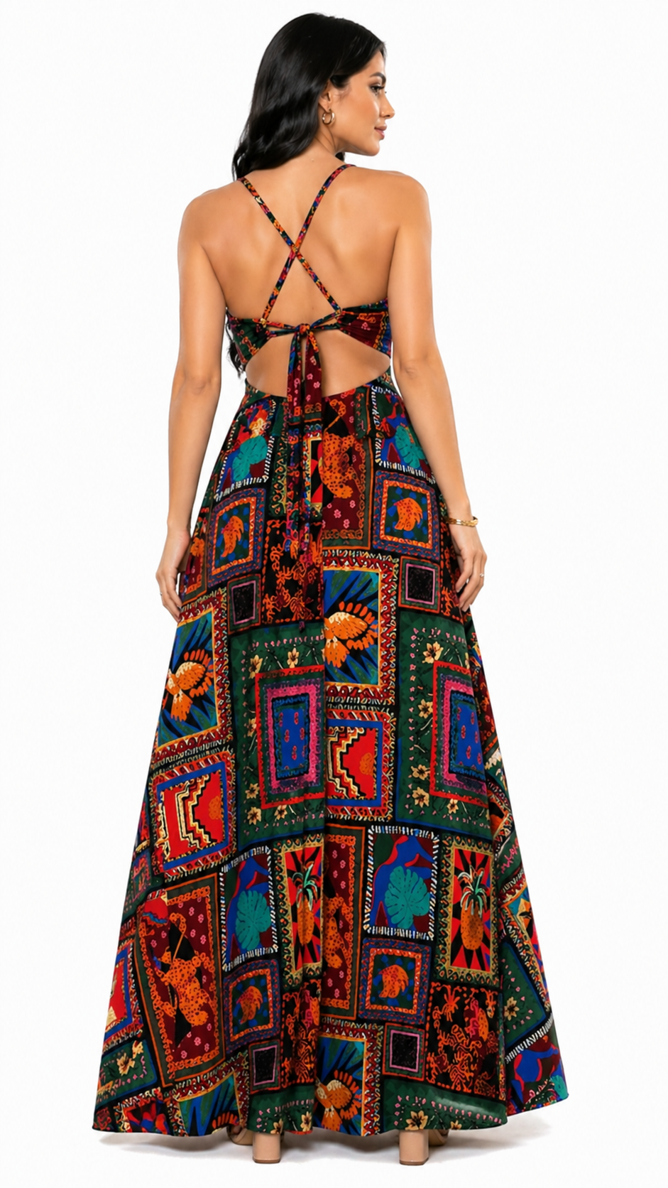 Vestido Longo Estampado Tropical com Recorte Nathy Multicolorido