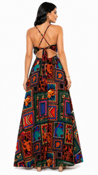 Vestido Longo Estampado Tropical com Recorte Nathy Multicolorido