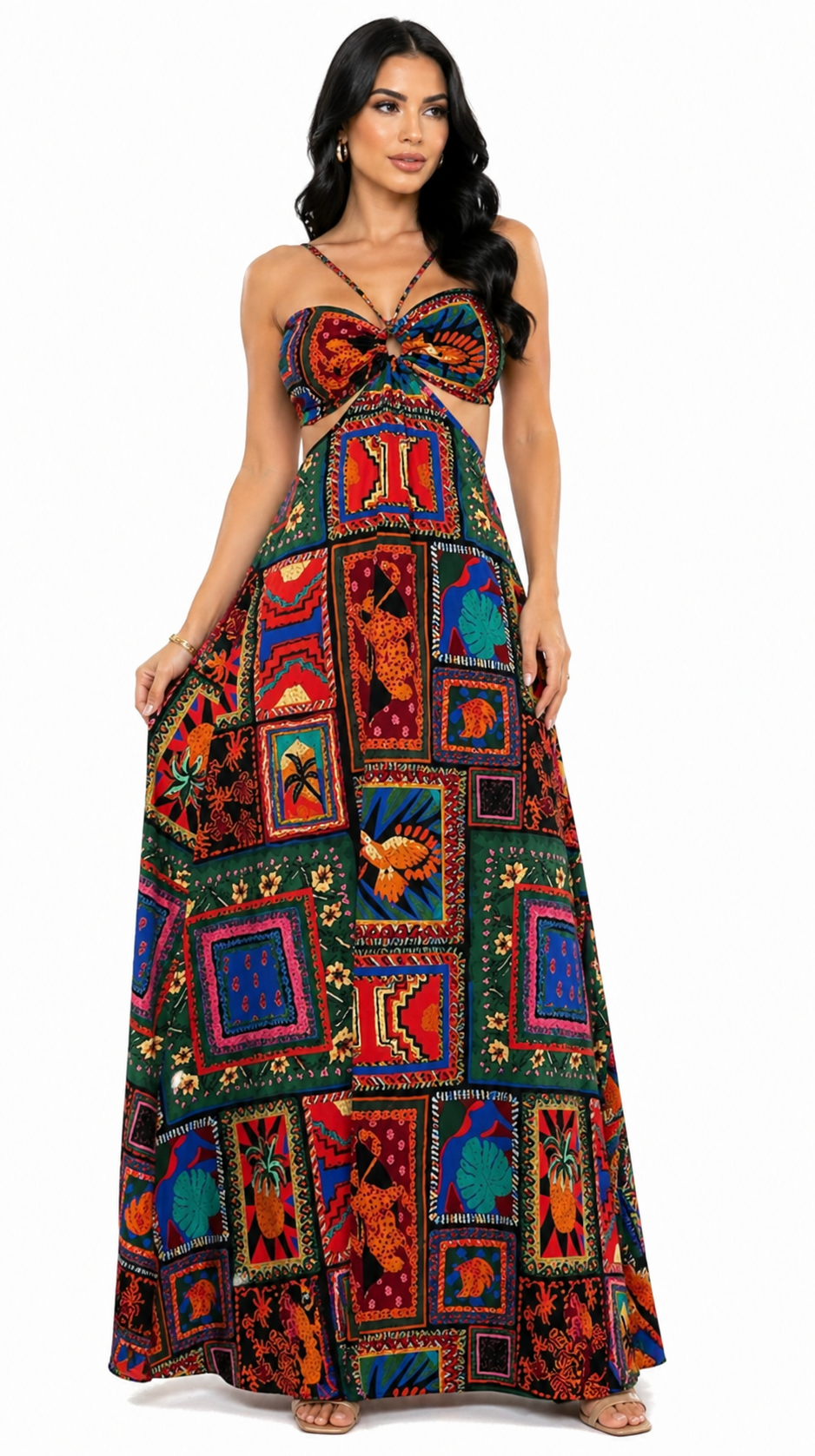 Vestido Longo Estampado Tropical com Recorte Nathy Multicolorido