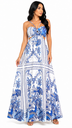 Vestido Longo Estampado Tropical com Recorte Nathy Azul e Branco