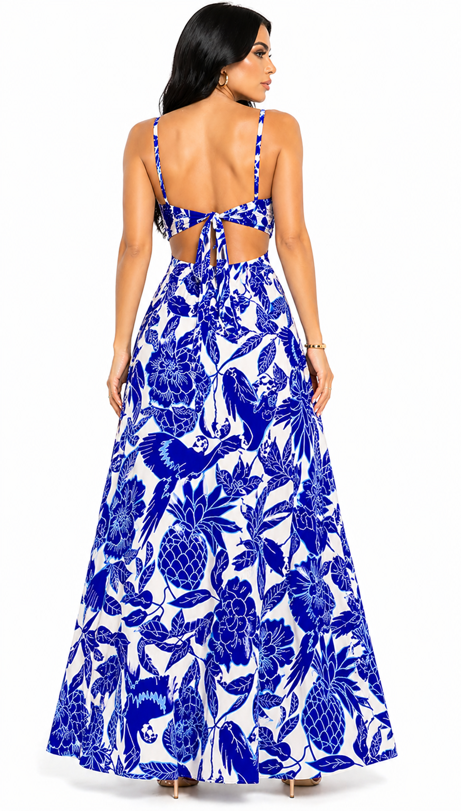 Vestido Longo Estampado Tropical com Recorte Nathy Azul Royal