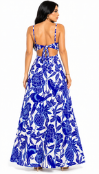Vestido Longo Estampado Tropical com Recorte Nathy Azul Royal