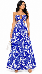 Vestido Longo Estampado Tropical com Recorte Nathy Azul Royal