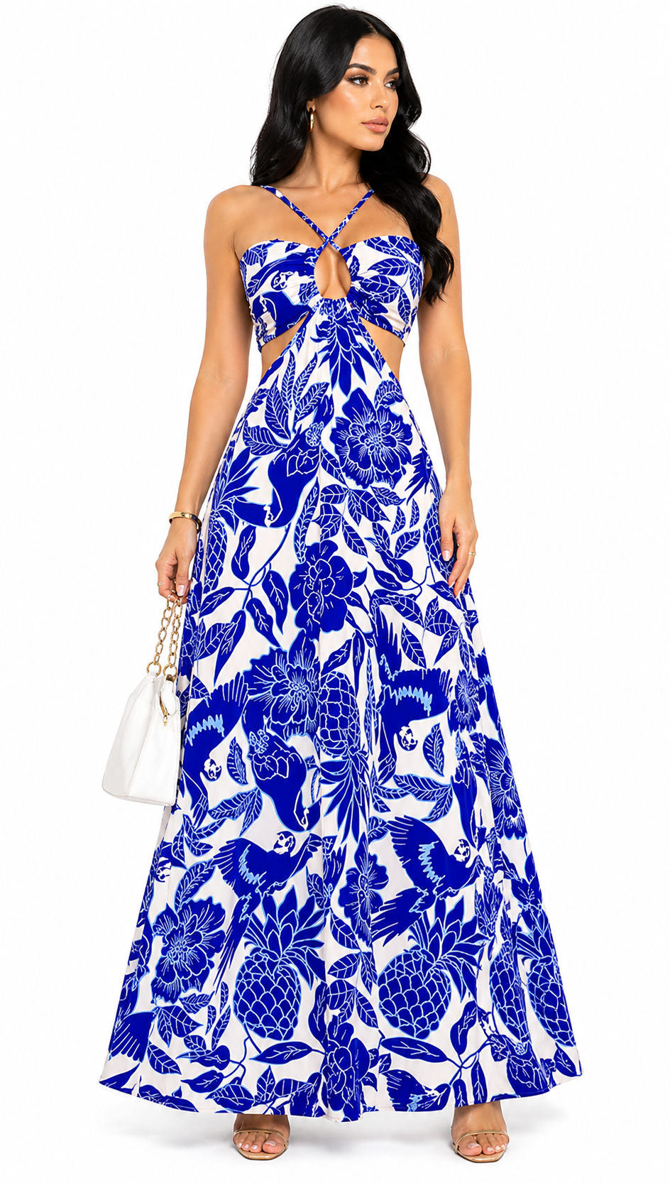 Vestido Longo Estampado Tropical com Recorte Nathy Azul Royal
