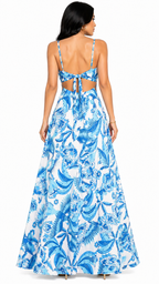 Vestido Longo Estampado Tropical com Recorte Nathy Azul Bebê