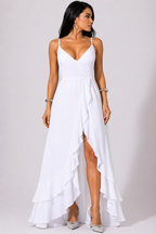Vestido Longo Branco com Alças Finas e Fenda Elegante