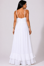 Vestido Longo Branco com Alças Finas e Fenda Elegante