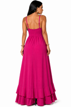 Vestido Longo Rosa com Alças Finas e Fenda Elegante