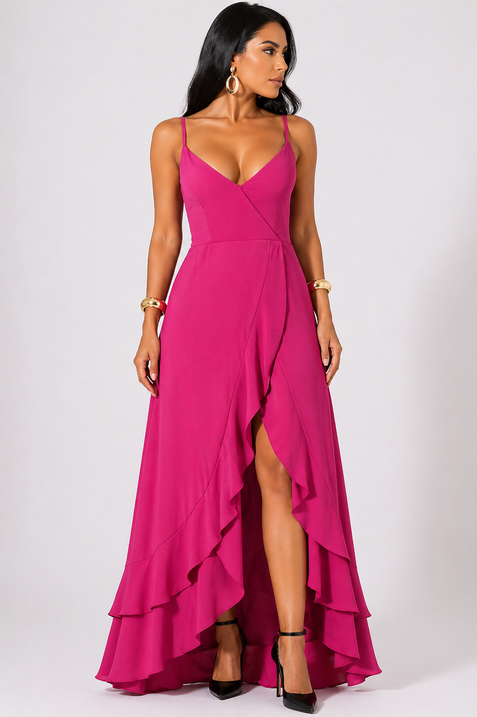 Vestido Longo Rosa com Alças Finas e Fenda Elegante
