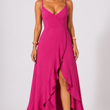 Vestido Longo Rosa com Alças Finas e Fenda Elegante