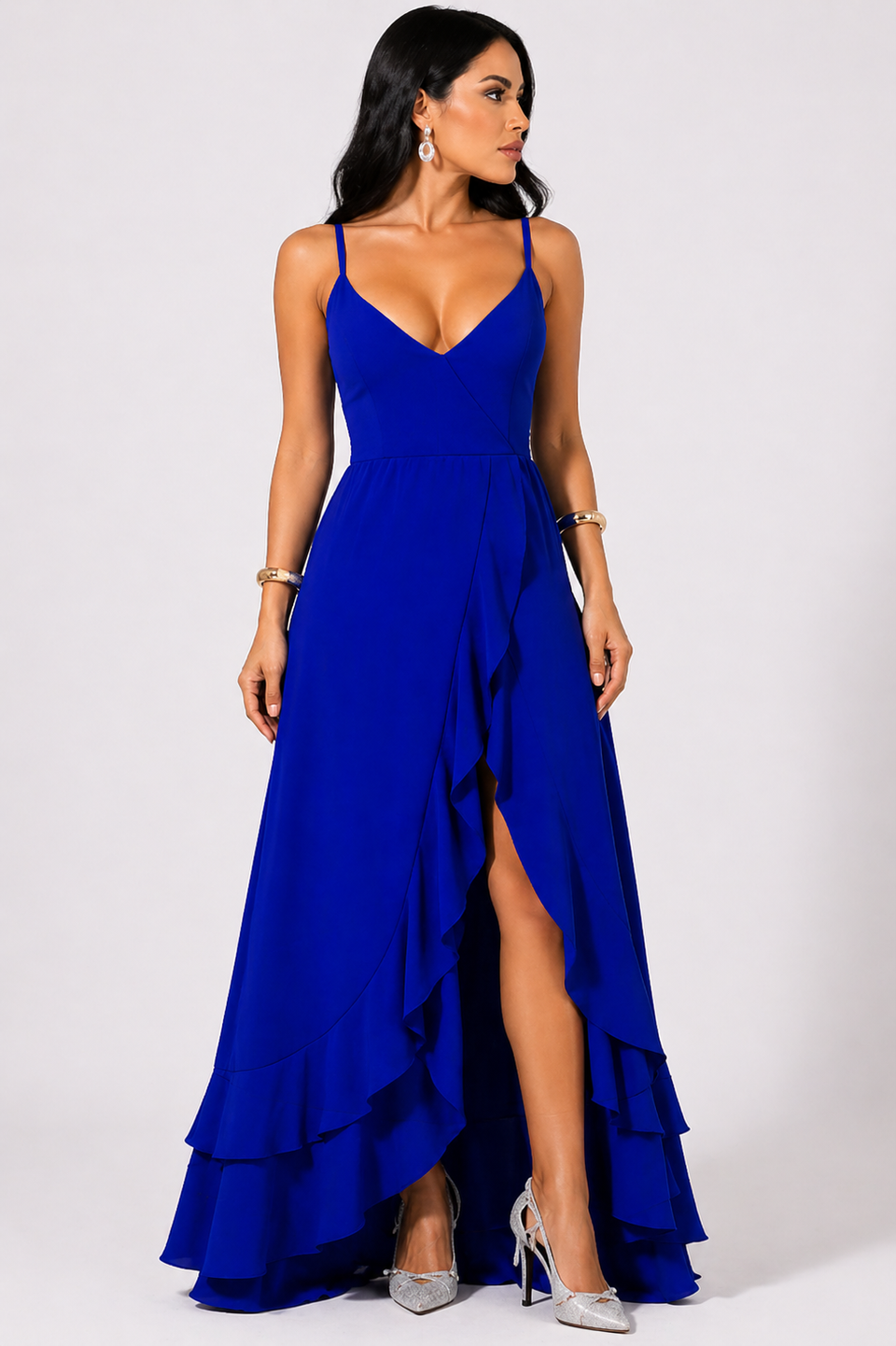 Vestido Longo Azul com Alças Finas e Fenda Elegante